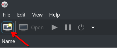 Screenshot: In Virtual Machine Manager, click ‘Create a new Virtual Machine’ (arrow indicates the button).