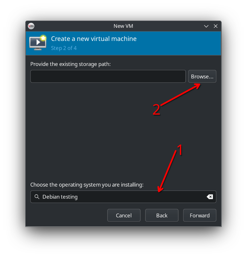 Screenshot: In Virtual Machine Manager, click  and fill in operating system input box then click browse button
