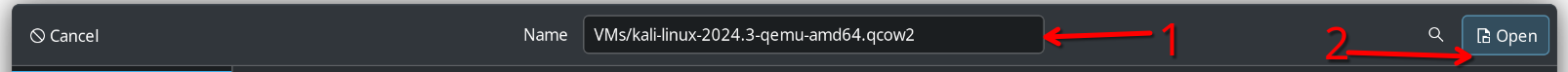 Screenshot: In Virtual Machine Manager ; popup file browser, with 2 arrows one pointed to the navbar/input box and the other to the done button
