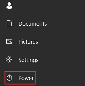 a Windows Start Menu cropped to only the bottom left corner with a red border on the power button